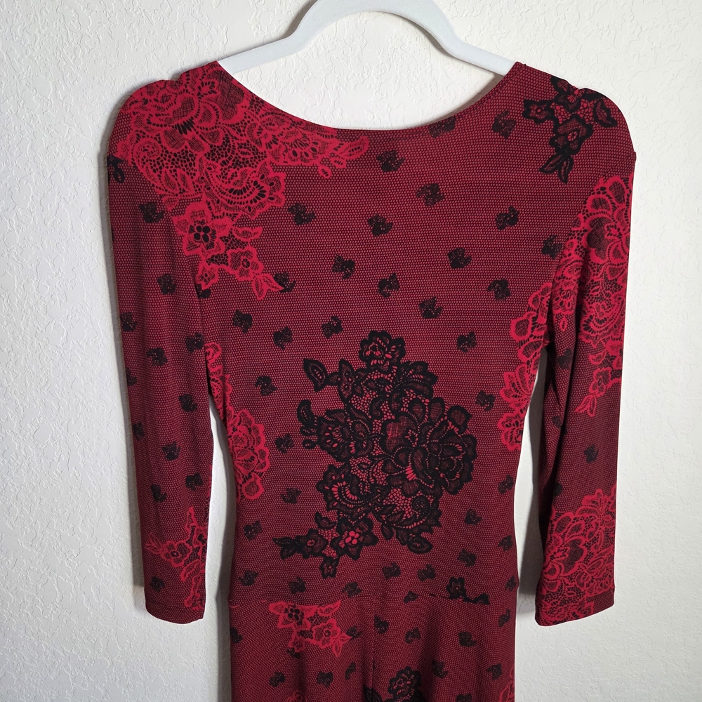 Enfocus Studio Red Black Floral Soft Stretch 3/4 Sleeve Midi Dress Size 4 - Picture 6 of 10
